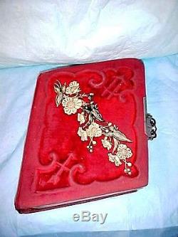 ANTIQUE RED Velvet Photo Album Stamped Patented June 6. 1882 UNIQUE SLANT COVERS