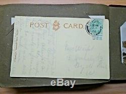 C1910 Antique post card album OVER 90! Rare STAMPS Handwriting CHURCHES Travel