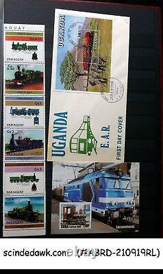 Collection Of Worldwide Stamps Of Railway Locomotives In An Album