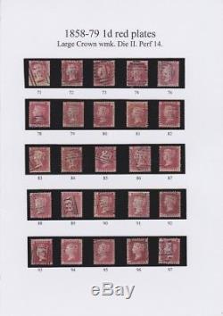 GB QV 1858 1d red plate collection about 139 different plates on 6 album pages