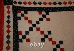 POSTAGE STAMP ANTIQUE QUILT 19thc RED WHITE BLUE NINE PATCH FAB BORDER