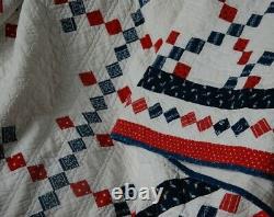 POSTAGE STAMP ANTIQUE QUILT 19thc RED WHITE BLUE NINE PATCH FAB BORDER
