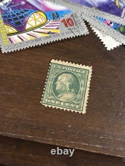 Vintage And Modern Stamp Collection With One Cent Stamp And Vintage Wooden Box