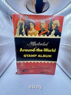 Vintage Illustrated Around-the-World Stamp Album with Some Stamps Inside (As-Is)