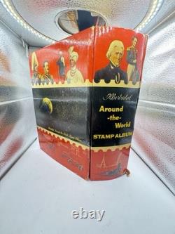 Vintage Illustrated Around-the-World Stamp Album with Some Stamps Inside (As-Is)