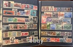 Vintage Worldwide Stamp Collection Album Spain, USSR, France + Souvenir Sheets
