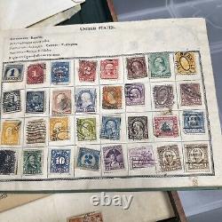 Album de timbres impériaux de 1899 partiellement rempli de timbres du monde entier.