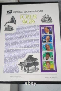 COLLECTION DE TIMBRES AMÉRICAINS DES ANNÉES 1990, 72 PANNEAUX DE TIMBRES #440-509 ENREGISTRÉS DANS UN ALBUM WHITE ACE