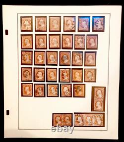 Collection de timbres américains usagés de 3¢ de 1851 sur page d'album, 36 timbres pour variétés et oblitérations