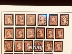 Collection de timbres américains usagés de 3¢ de 1851 sur page d'album, 36 timbres pour variétés et oblitérations