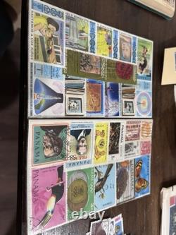 Collection de timbres vintage et modernes avec un timbre d'un cent et une boîte en bois vintage