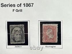 Collection fabuleuse de timbres F Grills utilisés sur une page d'album de 1867 des États-Unis RARE 6R423