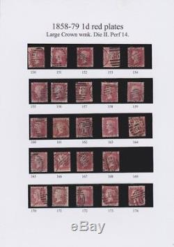 GB Qv 1858 1d Plaque Rouge Collection Environ 139 Plaques Différentes Sur 6 Pages D'album