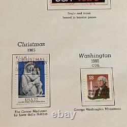 Lot de timbres américains de 1985 sur une page d'album. Idée de cadeau à 10,75 $ avec un aigle pour grand-père ou papa.